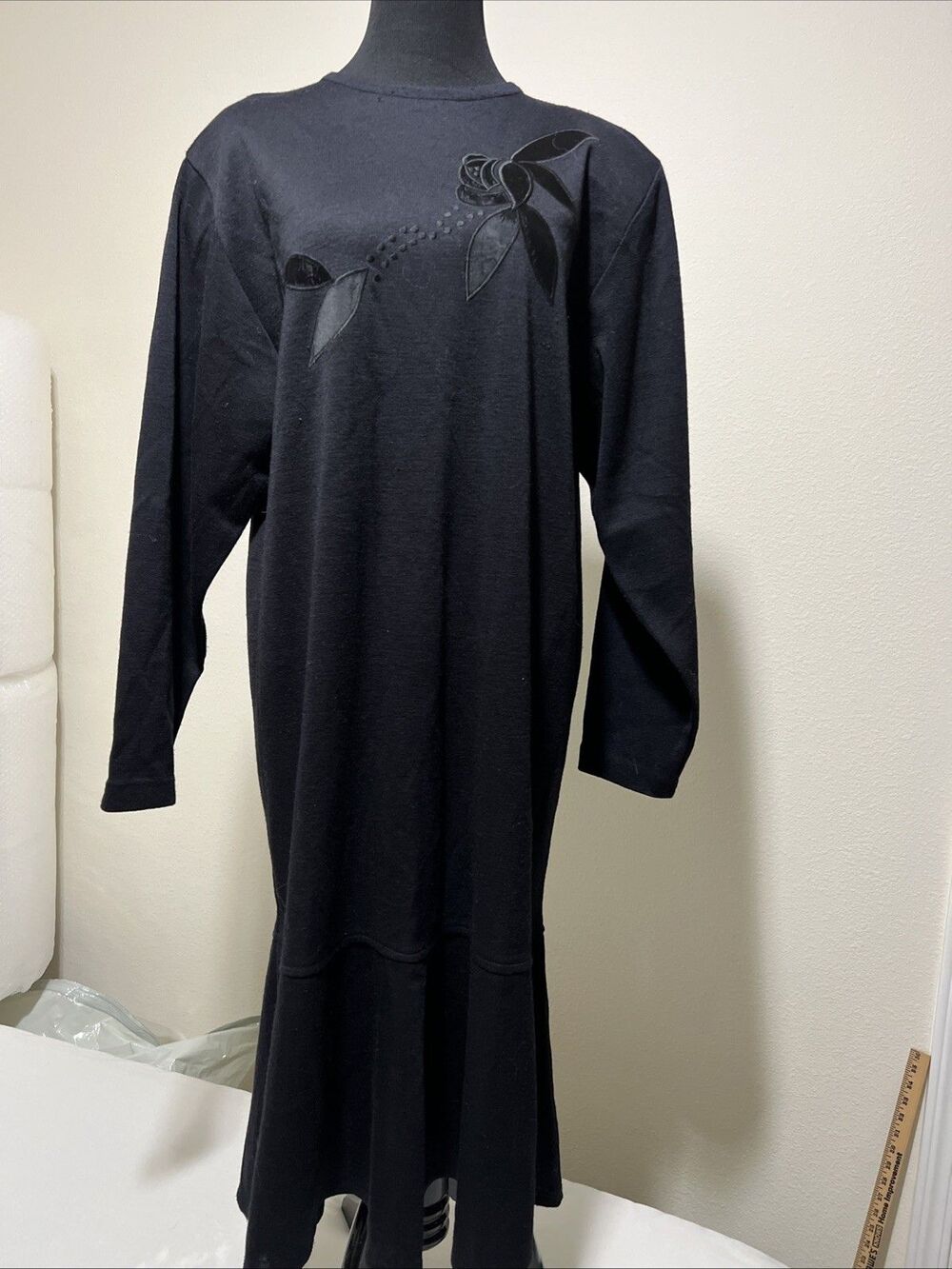 Vintage Black Dress Wool Blend 16 Hong Kong Embellished Floral R & K Originals